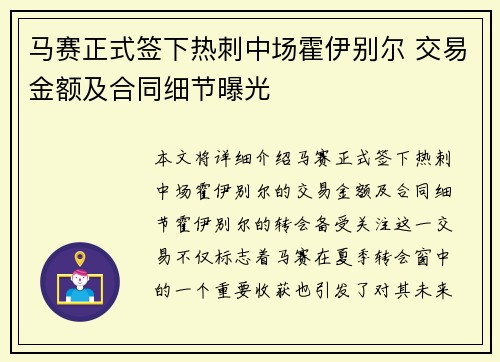 马赛正式签下热刺中场霍伊别尔 交易金额及合同细节曝光